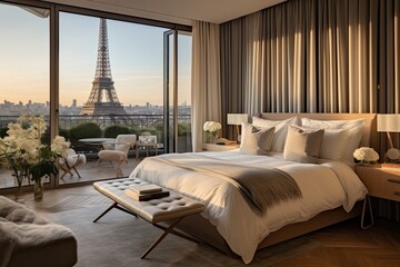 The interior of a hotel or apartment condominium displays a classic modern bedroom with stunning views of the Paris cityscape. - obrazy, fototapety, plakaty