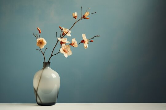 Decoraci&oacute;n minimalista estilo japones, florero con loto flores de loto, jarr&oacute;n de cristal con flores coquette 