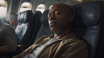 African American Man Taking a Nap and Sleeping On Airplane. Concept of Travel Fatigue, In-Flight Rest, Jet Lag Recovery, Relaxation During Journey, Diverse Passengers, Reclined Seat Comfort.