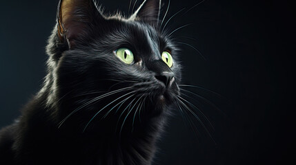 Black Cat Portrait on Black Background Close Up. Concept of Feline Beauty, Mysterious Allure, Dark Elegance, Close-up Photography, Cat’s Mesmerizing Eyes.