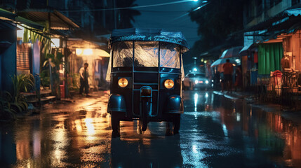 Tuktuk Car on the Streets of India at Night. Concept of Urban Transportation, Bustling Streets, Indian Cityscape, Nighttime Hustle, Tuktuk Travel, Vibrant Nightlife.
