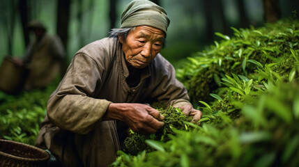 Japanese Worker Harvesting Tea Leaves. Concept of Traditional Agriculture, Tea Cultivation, Seasonal Harvest, Cultural Heritage, Skilled Labor, Japanese Craftsmanship, Rural Traditions