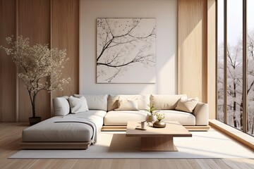 Modern interior design in Japandi style for a living room, characterized by a combination of Japanese and Scandinavian aesthetics. The lighting in this sunny apartment is designed to enhance the