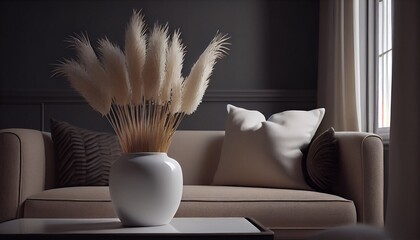 white sofa in a room and pampas grass in a decorative ceramic vase on the table and white wall. Generative in ai