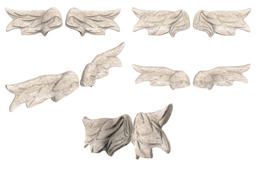 Isolated 3d render illustration of stone statue baby angel wings, in various angles.