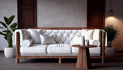 Fototapeta na wymiar sofa made from solid wood with rustic white upholstered sofa luxury interior concept. Generative in ai