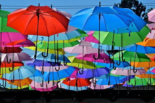 Colorful parasols used as shade canopy 