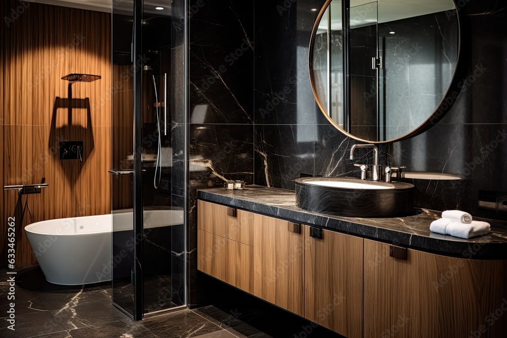 Poster A contemporary bathroom design features wooden cabinets, a black porcelain sink, a circular mirror frame, chrome metal fixtures and fittings, and flooring made of black marble.