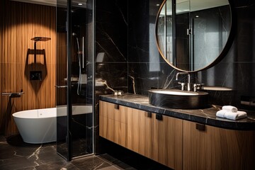 A contemporary bathroom design features wooden cabinets, a black porcelain sink, a circular mirror frame, chrome metal fixtures and fittings, and flooring made of black marble.