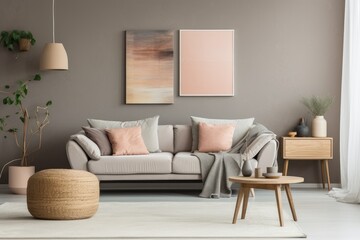 A stylishly designed living room interior with ample space for creativity, featuring a grey sofa, beige commode, charming clay vases, and trendy personal accessories. The color palette consists of