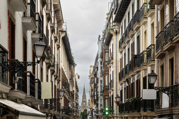 View of San Sebastian cathedral from old town Hernani Street