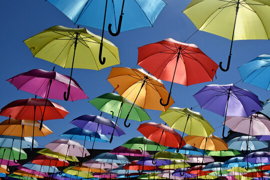 Canopy of colorful parasols 