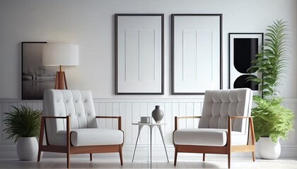 Fototapeta premium A round wood and gray coffee table sit next to a cute white lounge chair with a frame on the wall. Photo in high quality