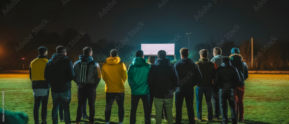 Poster back view of large group of people looking at a sport event - generative ai