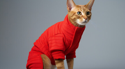 Portrait of a purebred abyssinian cat in a red jacket - obrazy, fototapety, plakaty