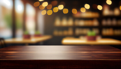 Empty top wooden table and blur with bokeh cafe background. For product display, Ai generated image