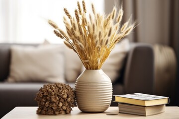 Glamour living room interior design with home decoration, a vase containing dried flowers, and personal accessories Mockup Of creative composition. The closeup captures the details of this stylish