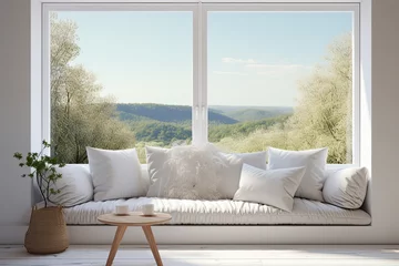 Tuinposter Scandinavian interior design: A white living room with a sofa and a window displaying a summer landscape in 3D. © 2rogan
