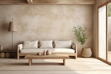 A rendered illustration of a beige living room with a Scandinavian farmhouse style. The interior features natural wooden furniture and a mockup plaster wall background.