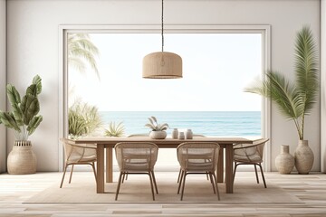 render of a cozy boho dining room interior background with a mockup frame.