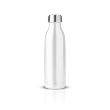 Vector Realistic 3d White Empty Glossy Metal Reusable Water Bottle with Silver Bung Closeup Isolated. Design template of Packaging Mockup with Reflection. Front View