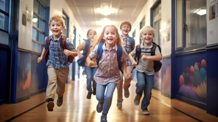 Front view of happy diverse school kids running in corridor at school