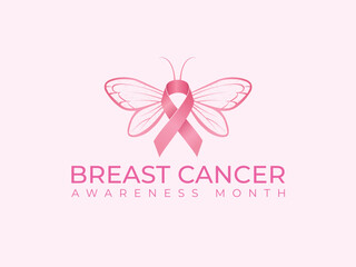 Breast cancer awareness month lettering design with a ribbon resembling a butterfly.
