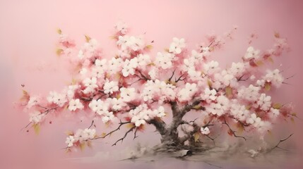  a painting of a tree with white and pink flowers on it.  generative ai