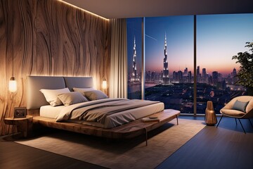 Upscale bedroom with wooden touches and cityscape views in Dubai. Possible lodging in a condo or hotel.