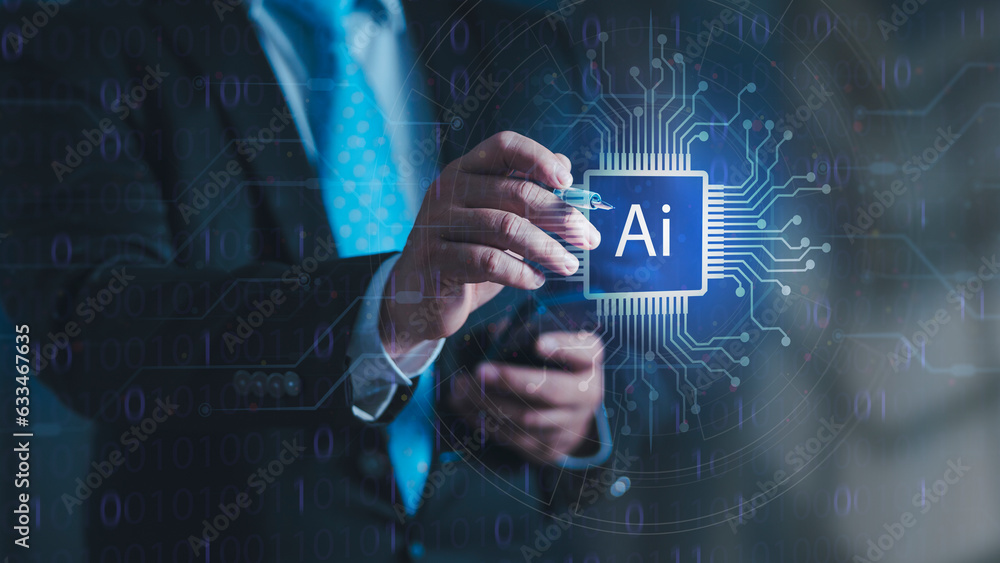 Poster innovative technology machine learning. artificial intelligence ai circuit board in shape electronic