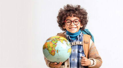 Little boy with backpack and globus looking at camera on white background. Back to school. 