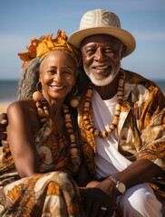 Obraz premium Romantic senior couple by the ocean during vacation holiday. Perfect elderly couple enjoying spending some quality time together after retirement