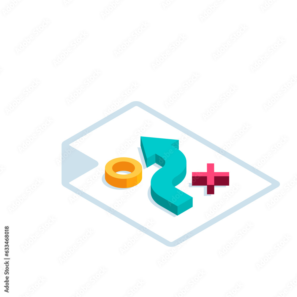 Poster isometric icon of an arrow bypassing obstacles in color on a white background, success or business s