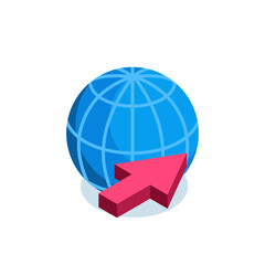 isometric globe and arrow icon in color on white background, internet or world map