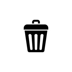 trash can icon with lid in black on white background, recycle or disposal