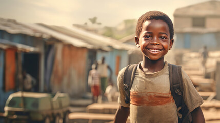 African kid with backpack is looking to the camera and walking to school on the dusty street. Back...
