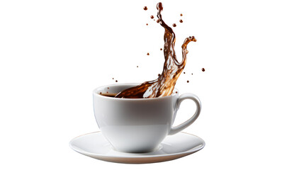 Cup of coffee with a splash drop fly with saucer on transparent background