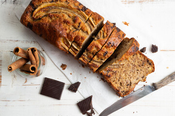 Delicious homemade banana bread with dark chocolate chunks