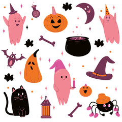 vector set for Halloween with cute ghosts, pumpkins, cat, bat, hat and other cute element in pink color