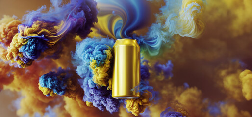 Energy drink soda can mockup template with yellow and blue smoke clouds background. High resolution, yellow can. - obrazy, fototapety, plakaty