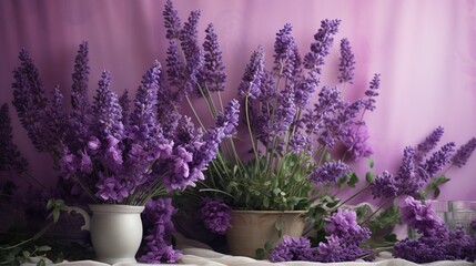  a bunch of lavender flowers in a vase on a table.  generative ai