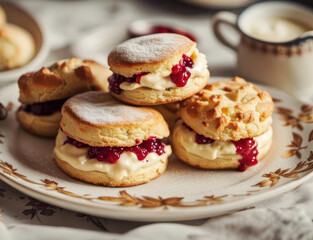 Scones with jam and clotted cream  on a plate