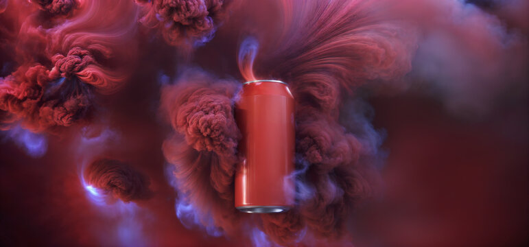 Energy drink soda can mockup template with red smoke clouds background. High resolution, Red can