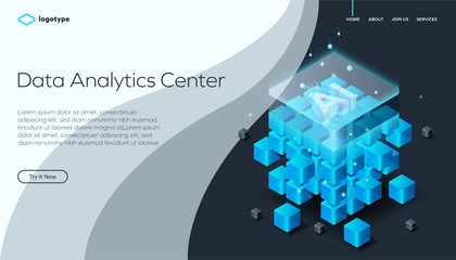Abstract data analytics center with artificial intelligence or blockchain background. Network infrastructure website layout concept. Isometric vector illustration. 