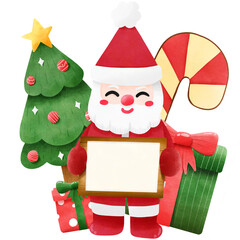 hand drawn Santa Claus with christmas tree and gift box png illustration, winter concept isolated background.