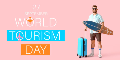 Banner for World Tourism Day with young surfer