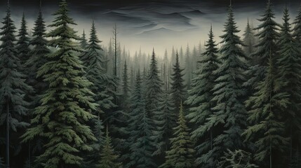  a painting of a forest filled with tall pine trees under a cloudy sky.  generative ai