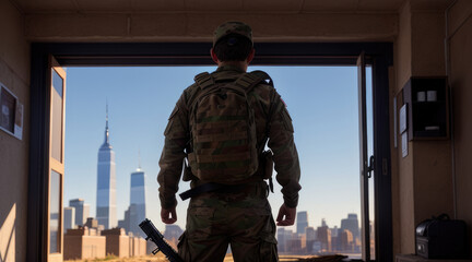 back of soldier on top of the building on the city warzone - Generative AI