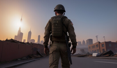 back of soldier ariving on the city warzone - Generative AI