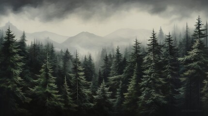  a painting of a forest with mountains in the distance and fog in the air.  generative ai